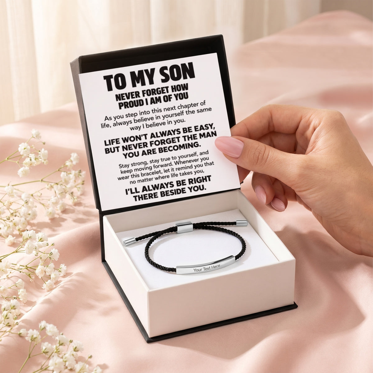 To My Son – Always Be Right There Beside You – Personalized Inspirational Engraved Bracelet