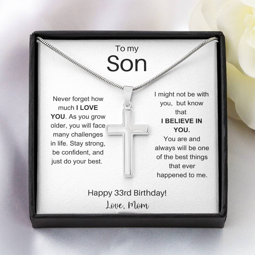 To My Son Happy 33rd Birthday - Personalized Stainless Steel Cross Necklace