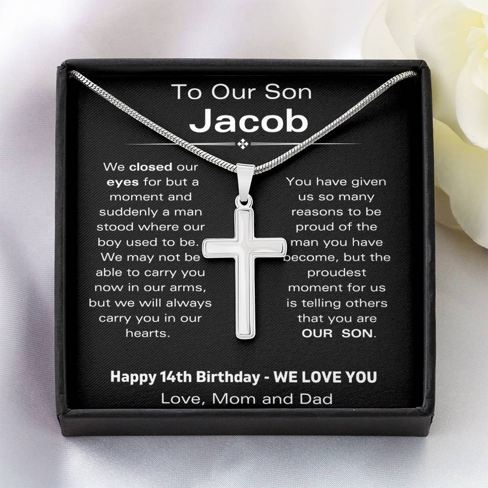 To Our Son - Happy 14th Birthday - Personalized Stainless Steel Cross Necklace