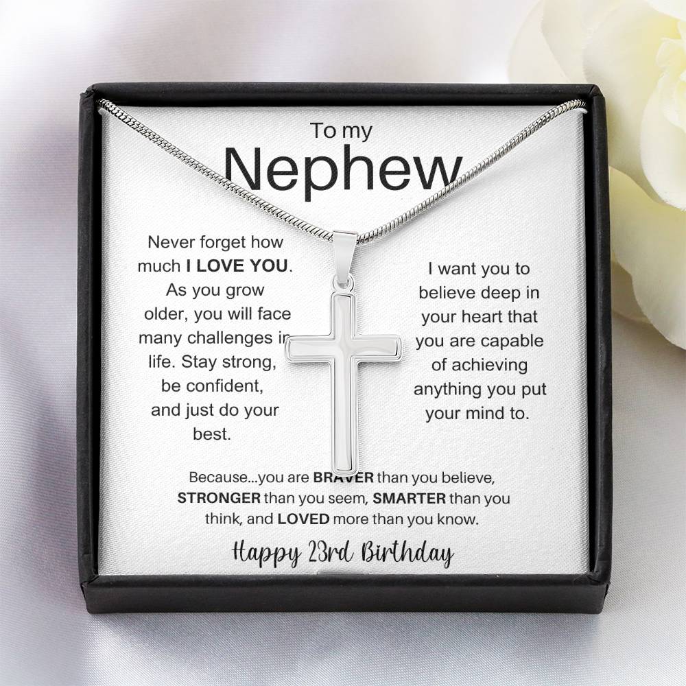 To My Nephew Happy 23rd Birthday - Personalized Stainless Steel Cross Necklace