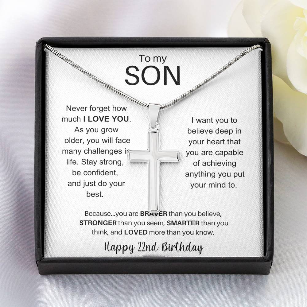 To My Son Happy 22nd Birthday - Personalized Stainless Steel Cross Necklace