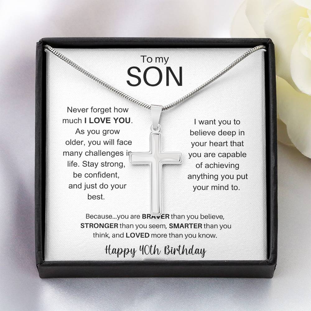 To My Son Happy 40th Birthday - Personalized Stainless Steel Cross Necklace