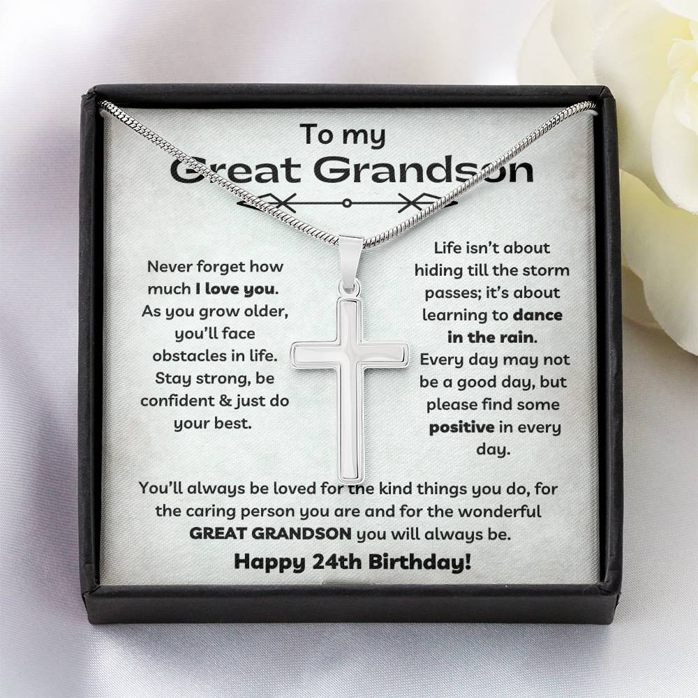To Our Great Grandson's 24th Birthday - Personalized Stainless Steel Cross