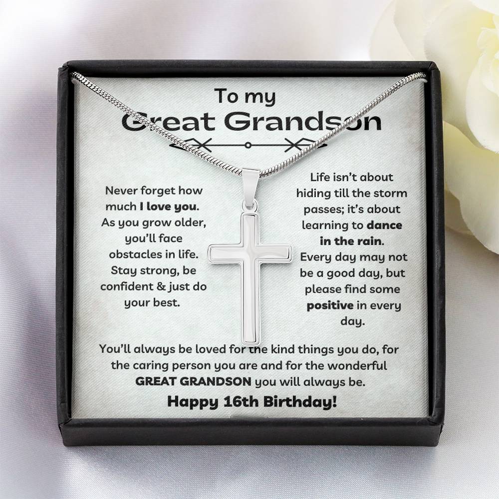 To Our Great Grandson's 16th Birthday - Personalized Stainless Steel Cross