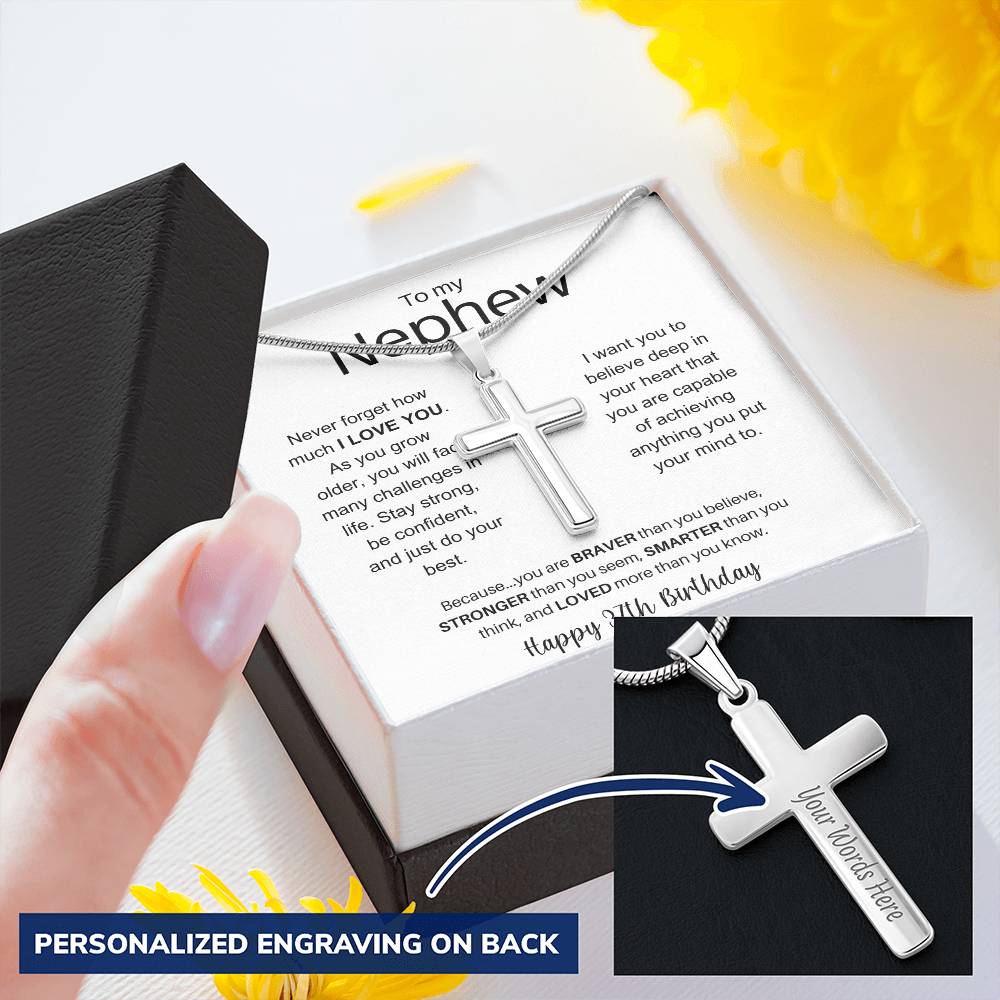To My Nephew Happy 37th Birthday - Personalized Stainless Steel Cross Necklace
