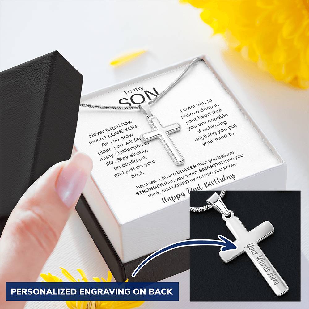 To My Son Happy 22nd Birthday - Personalized Stainless Steel Cross Necklace