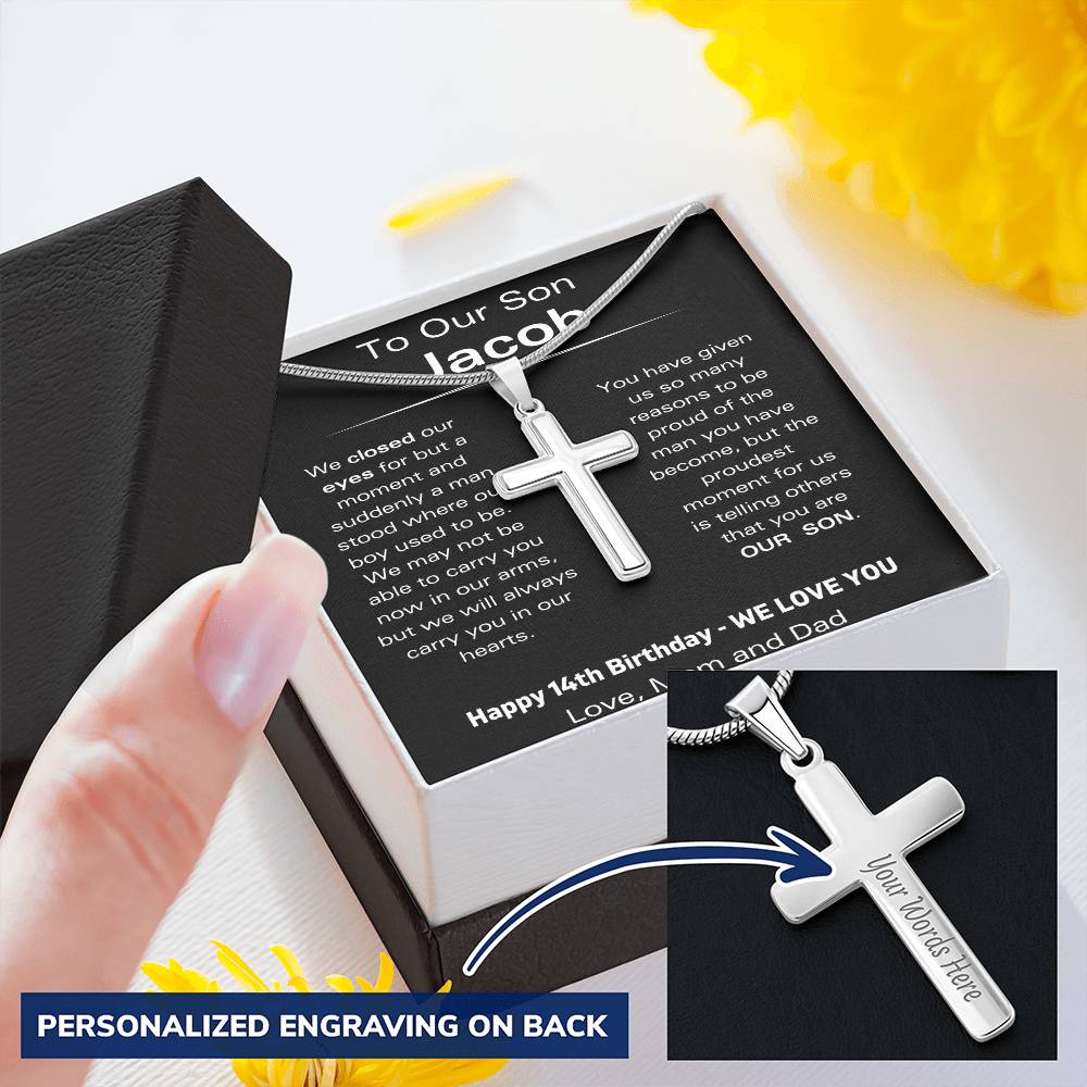 To Our Son - Happy 14th Birthday - Personalized Stainless Steel Cross Necklace