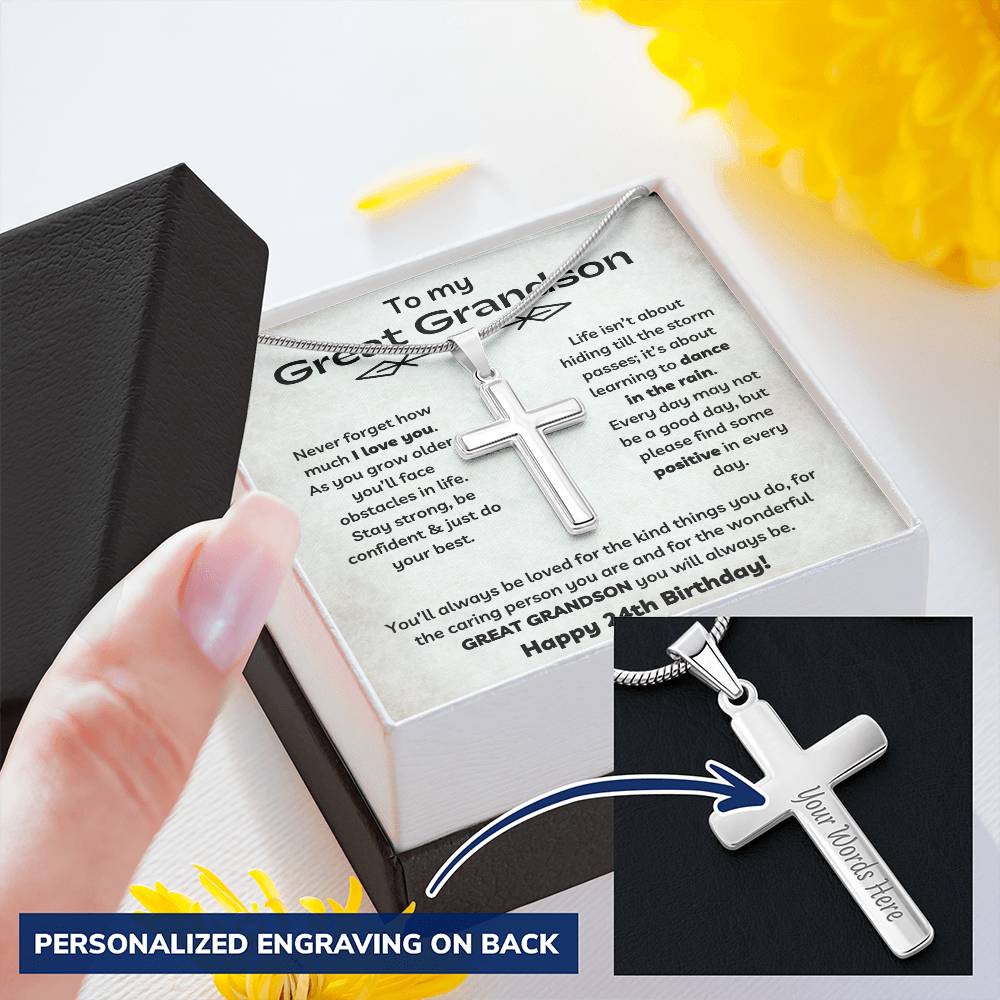To Our Great Grandson's 24th Birthday - Personalized Stainless Steel Cross