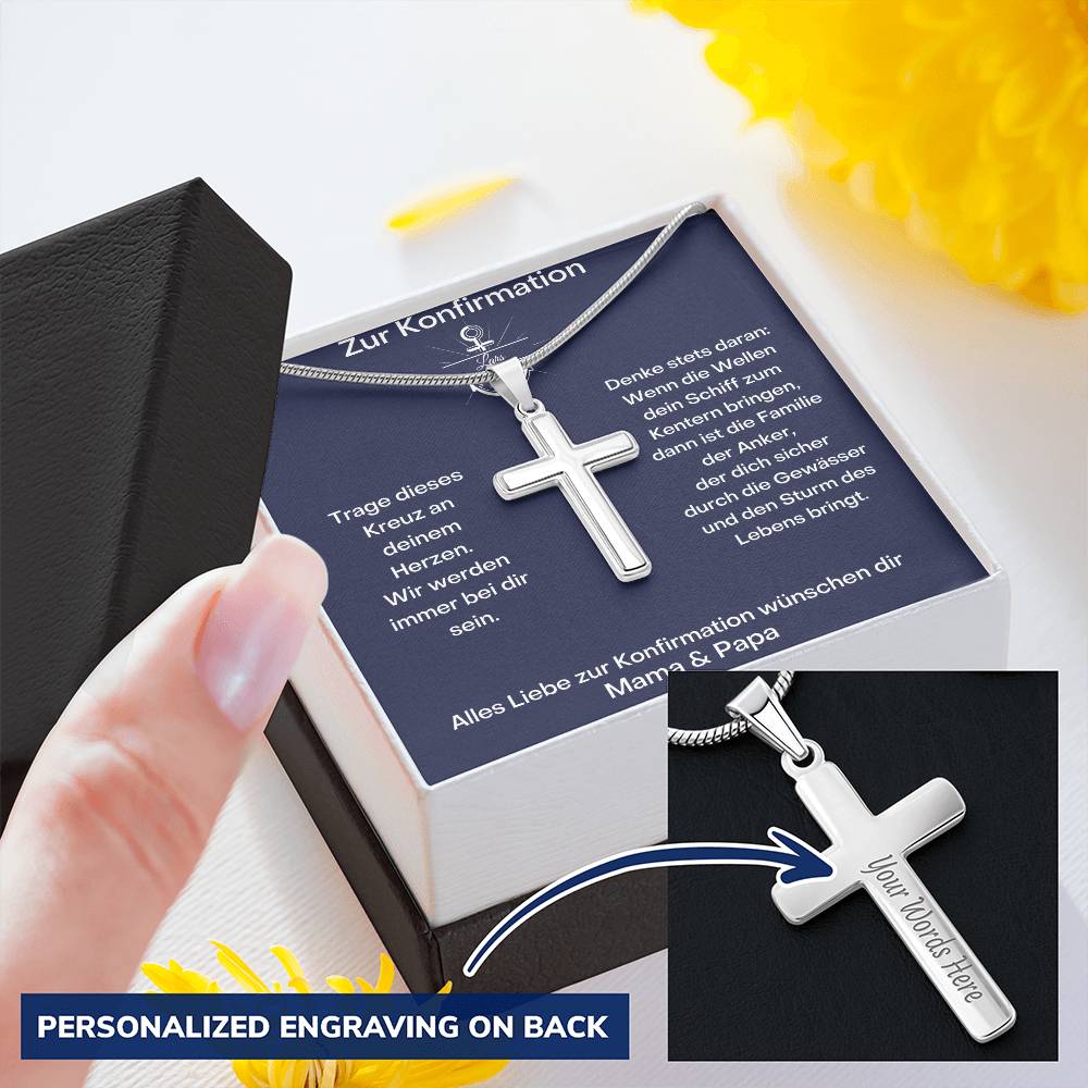 Zur Konfirmation | Wir Werden Immer Bei Dir Sein | Personalized Stainless Steel Cross Necklace