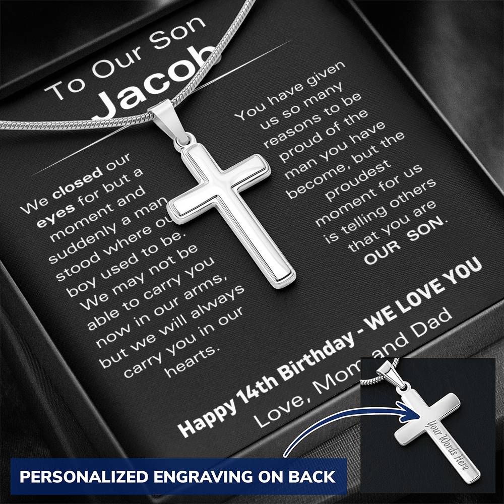 To Our Son - Happy 14th Birthday - Personalized Stainless Steel Cross Necklace