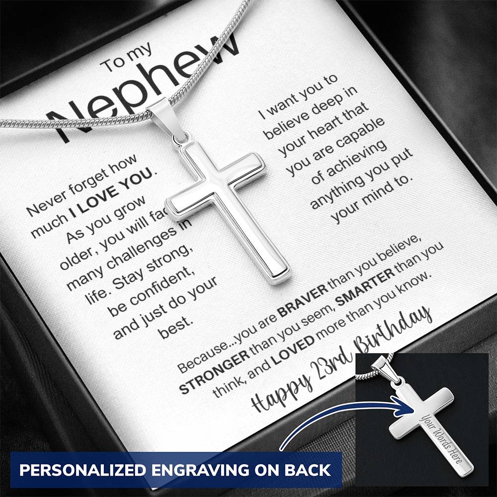 To My Nephew Happy 23rd Birthday - Personalized Stainless Steel Cross Necklace