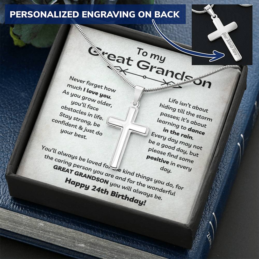 To Our Great Grandson's 24th Birthday - Personalized Stainless Steel Cross