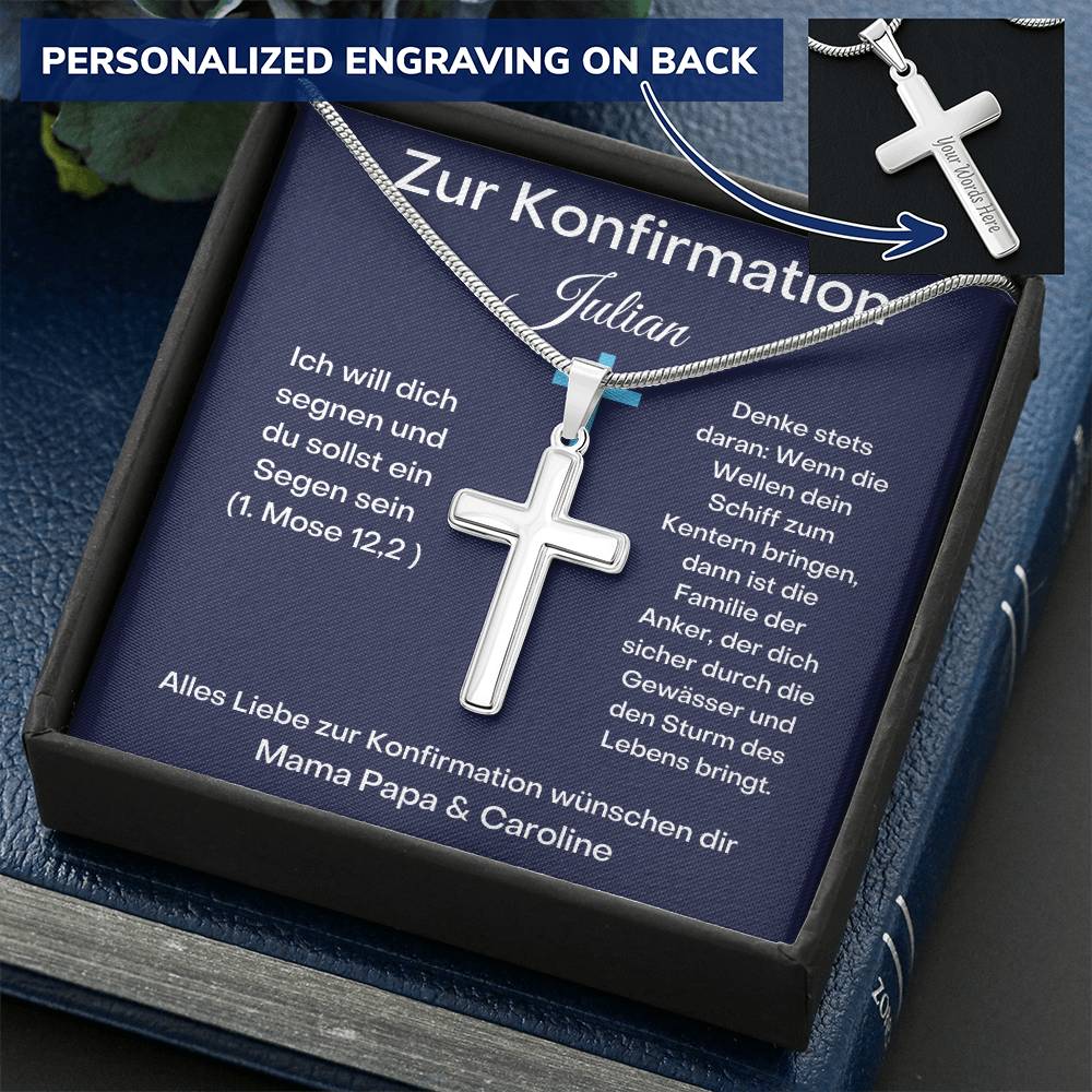 Alles Liebe Zur Konfirmation Wünschen Dir | (1. Mose 12,2) | Personalized Stainless Steel Cross Necklace