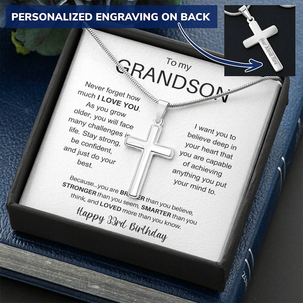 To My Grandson Happy 33rd Birthday - Personalized Stainless Steel Cross Necklace
