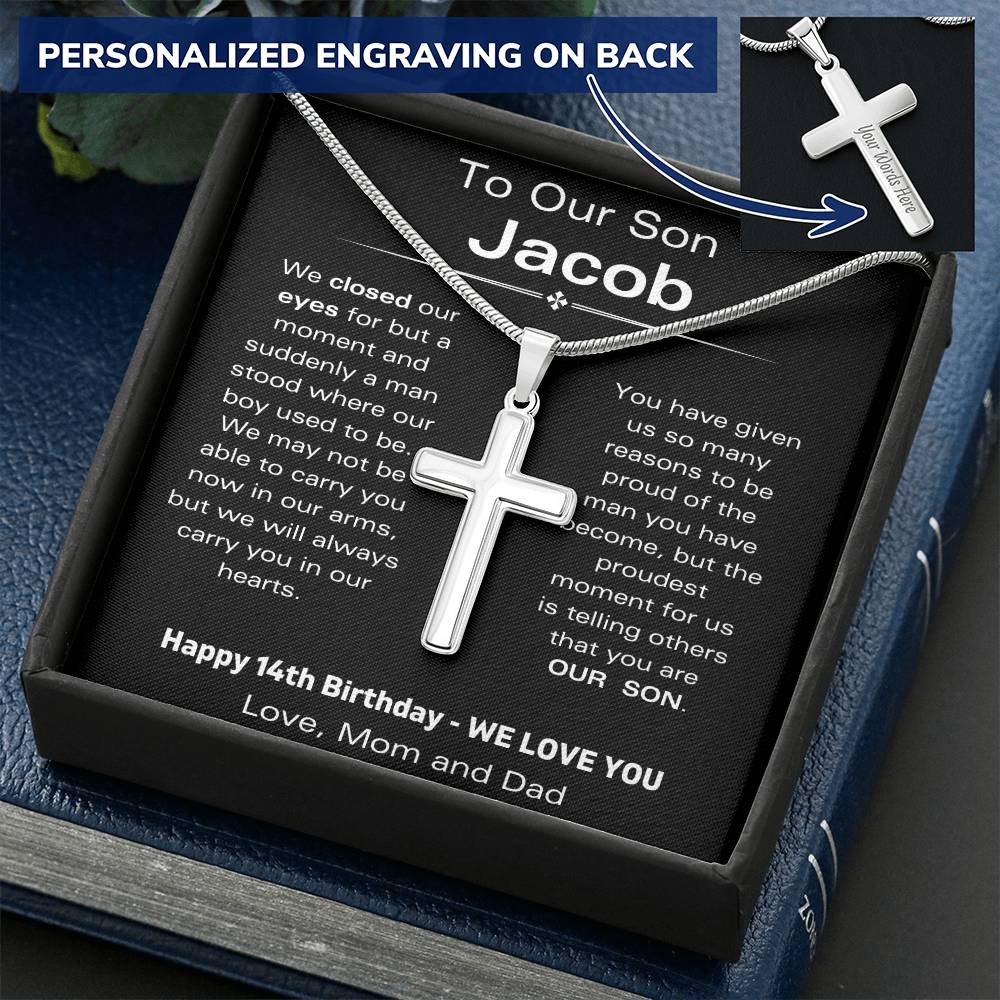 To Our Son - Happy 14th Birthday - Personalized Stainless Steel Cross Necklace