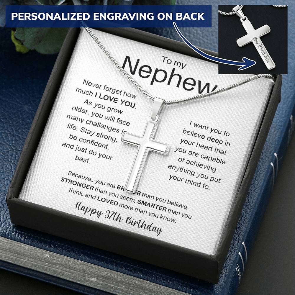 To My Nephew Happy 37th Birthday - Personalized Stainless Steel Cross Necklace