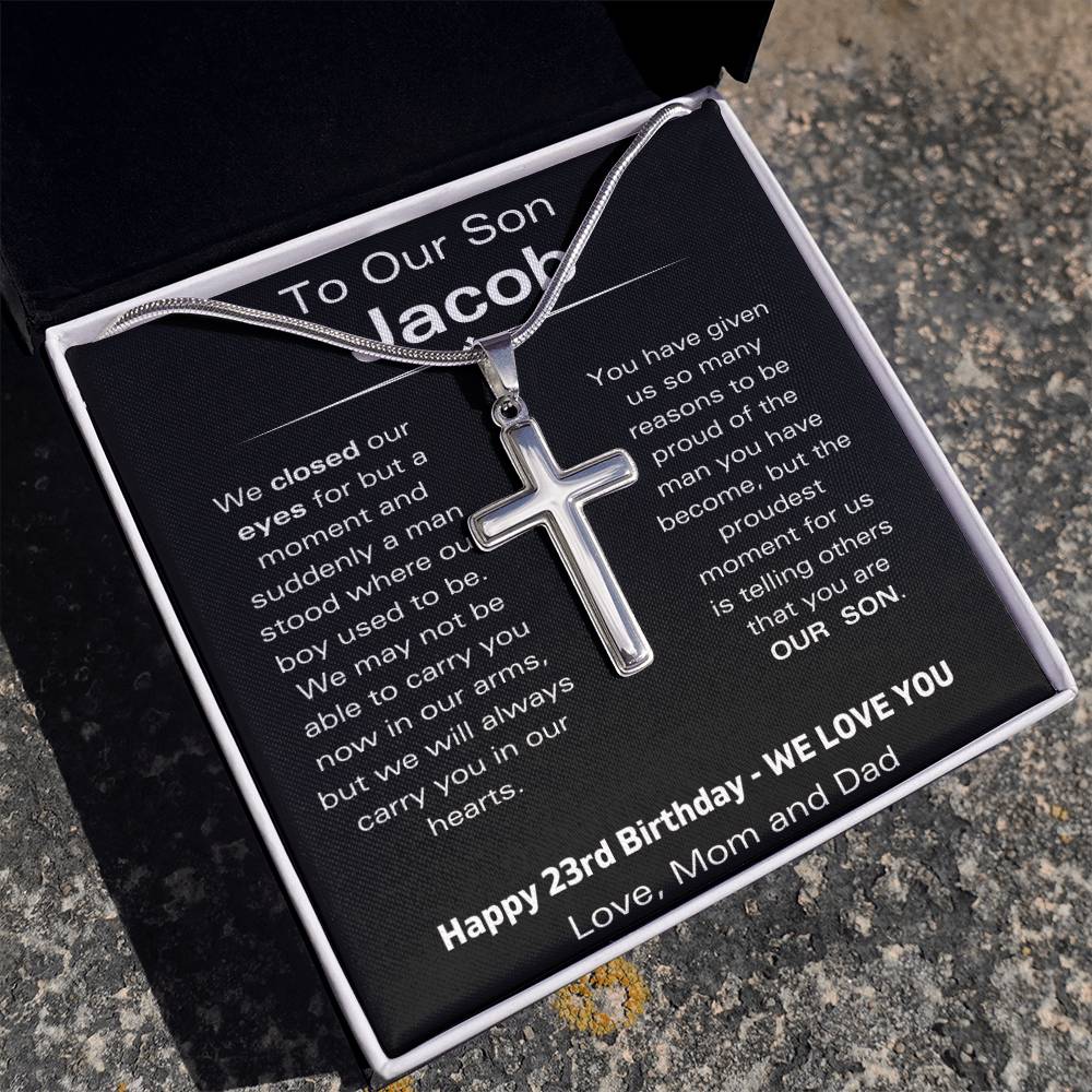 To Our Son - Happy 23rd Birthday - Personalized Stainless Steel Cross Necklace