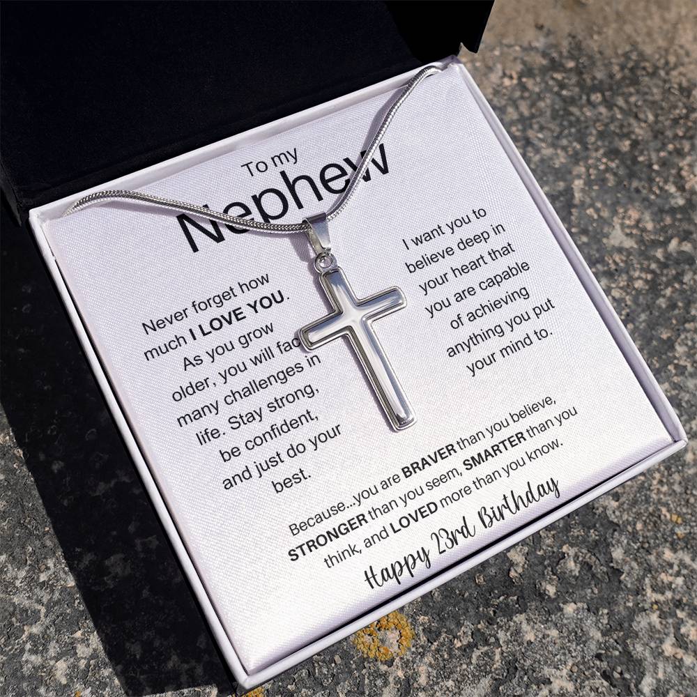 To My Nephew Happy 23rd Birthday - Personalized Stainless Steel Cross Necklace