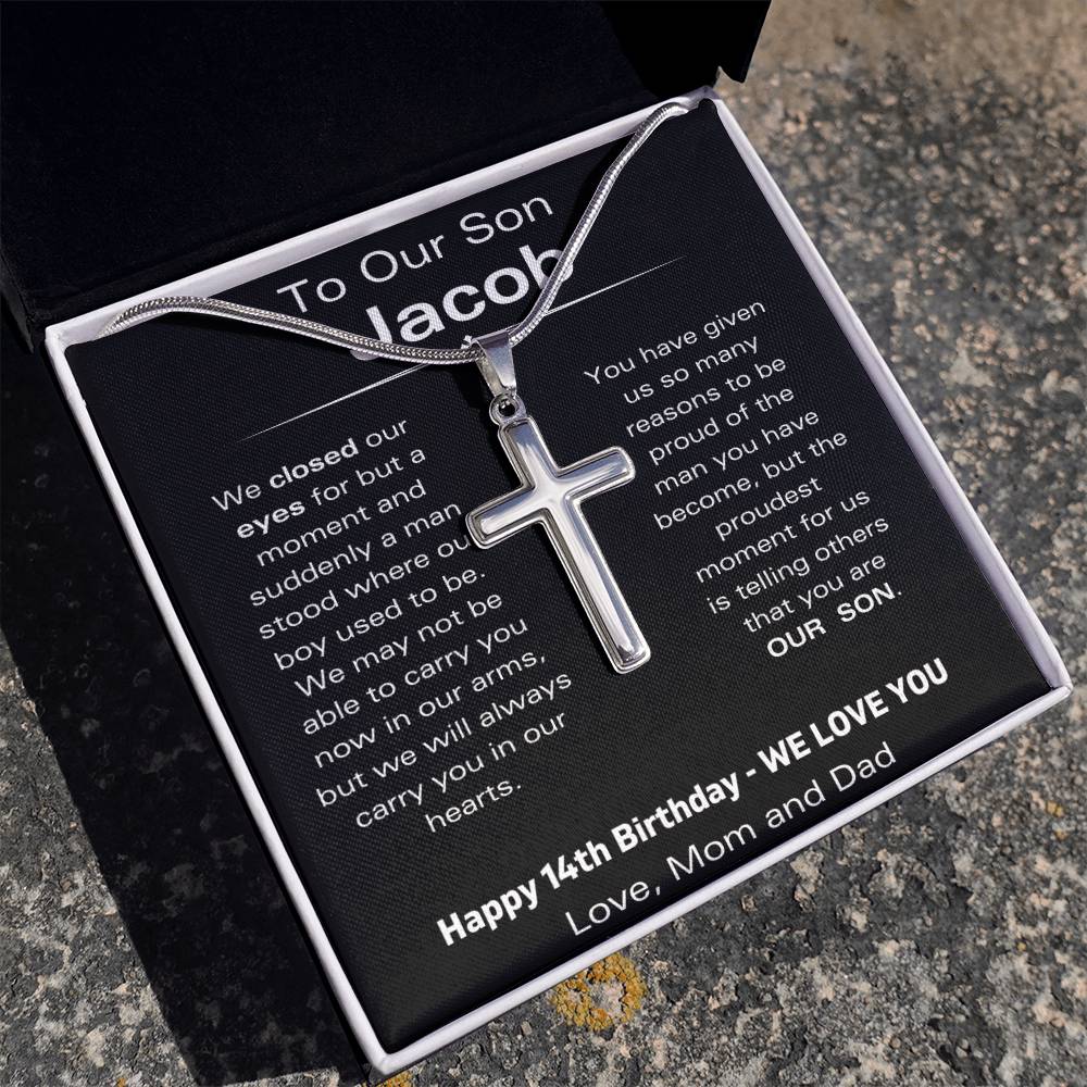 To Our Son - Happy 14th Birthday - Personalized Stainless Steel Cross Necklace