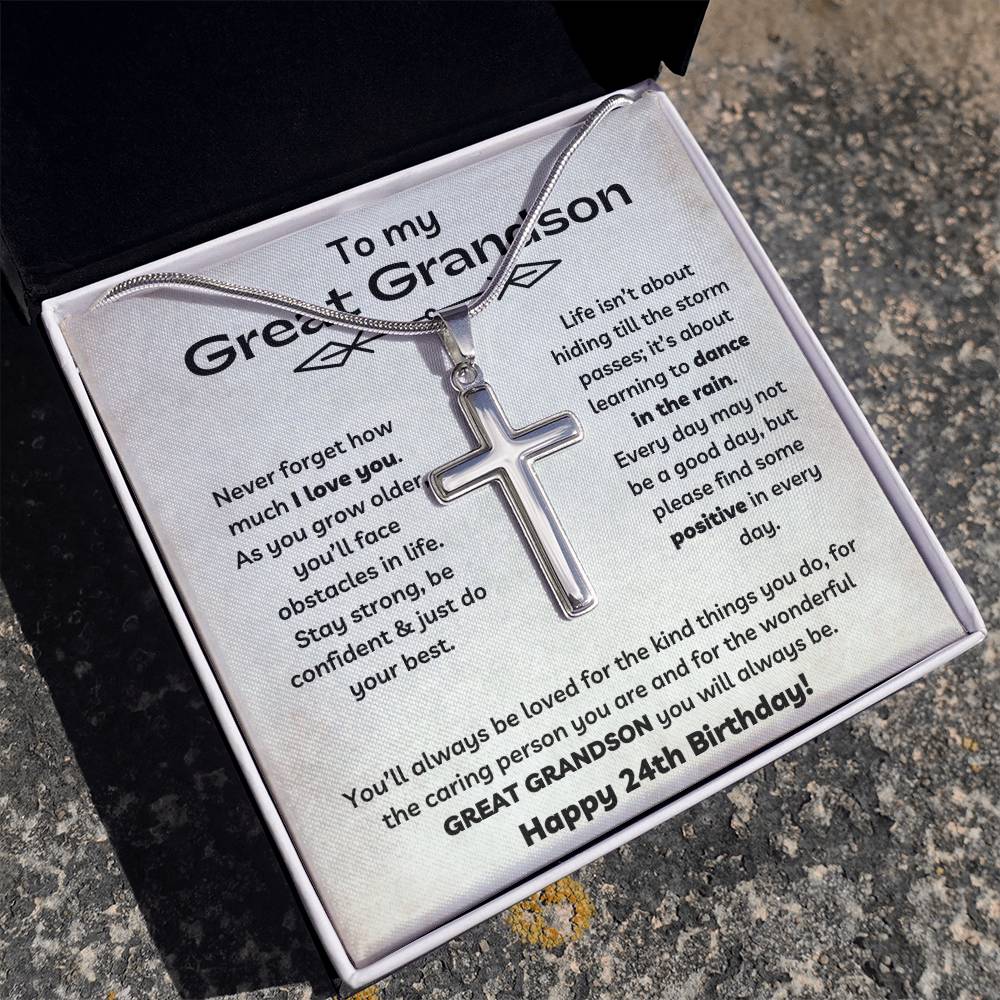 To Our Great Grandson's 24th Birthday - Personalized Stainless Steel Cross