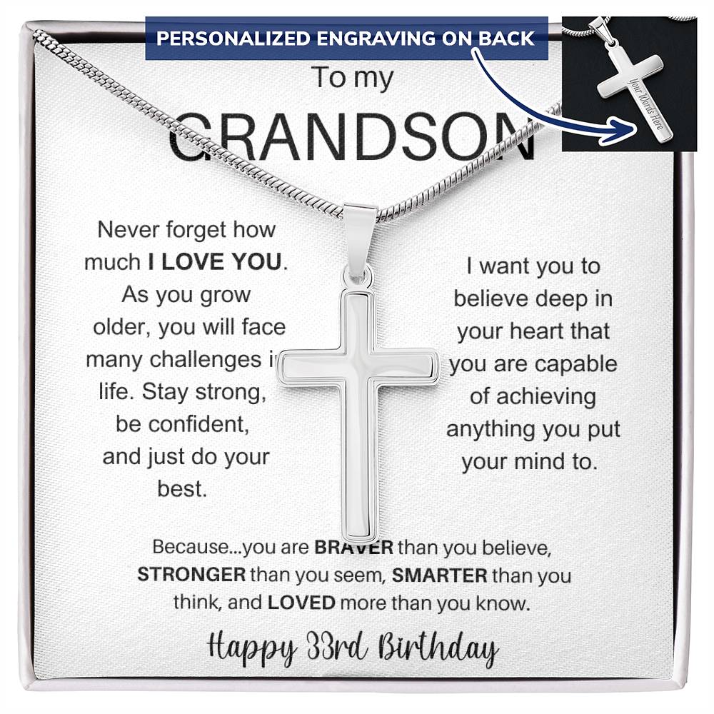 To My Grandson Happy 33rd Birthday - Personalized Stainless Steel Cross Necklace
