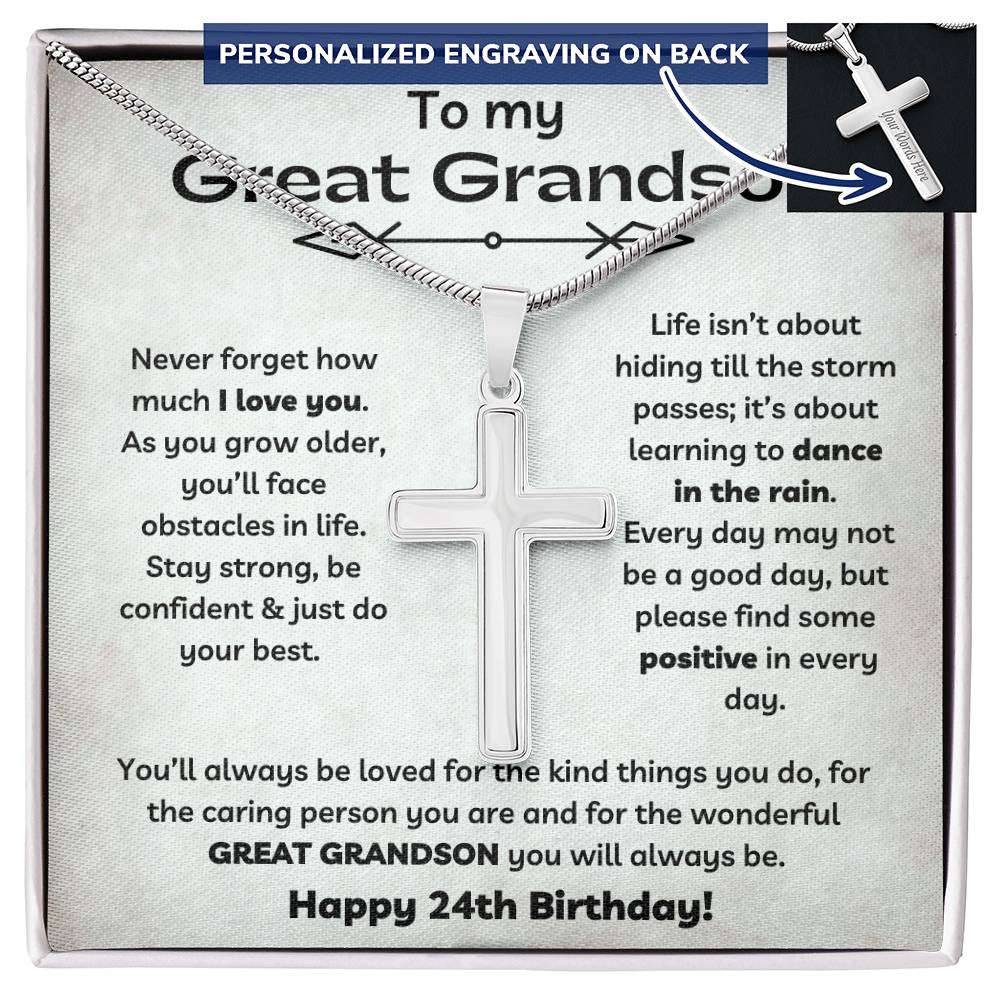 To Our Great Grandson's 24th Birthday - Personalized Stainless Steel Cross