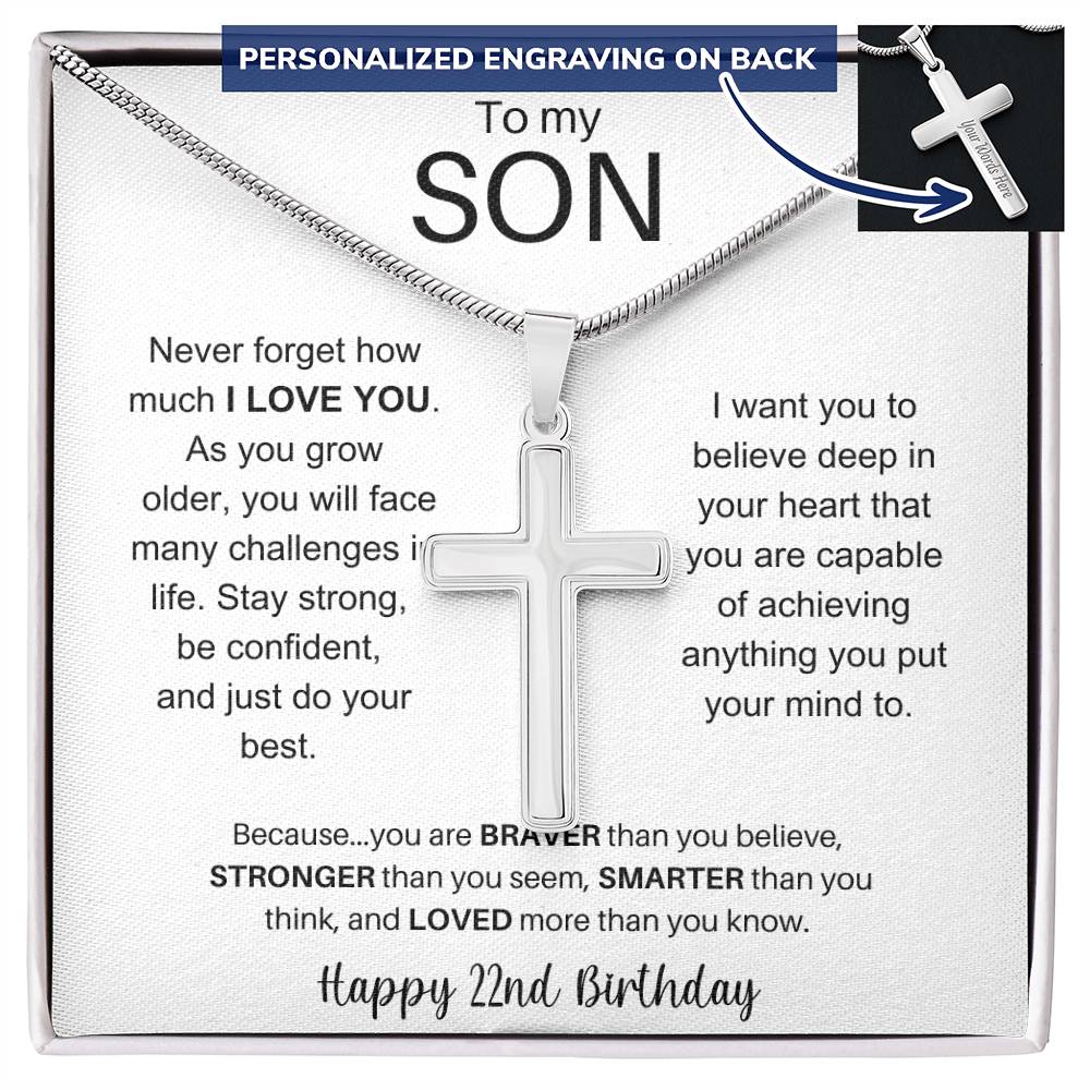 To My Son Happy 22nd Birthday - Personalized Stainless Steel Cross Necklace
