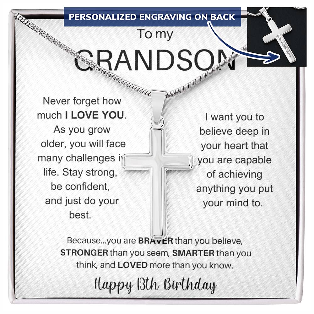 To My Grandson Happy 13th Birthday - Personalized Stainless Steel Cross Necklace