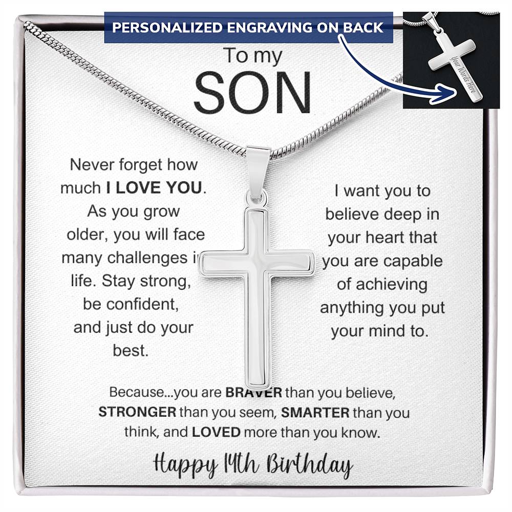 To My Son Happy 14th Birthday - Personalized Stainless Steel Cross Necklace
