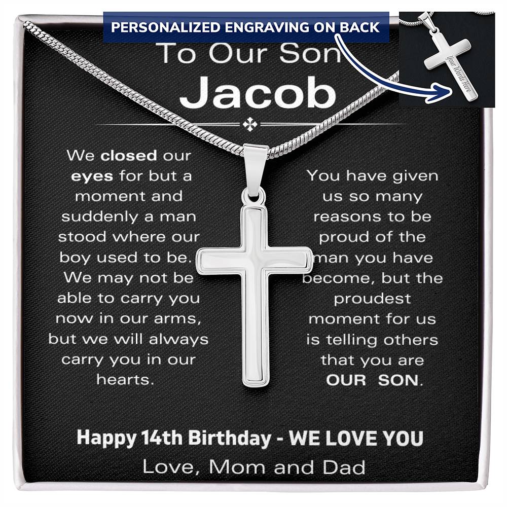 To Our Son - Happy 14th Birthday - Personalized Stainless Steel Cross Necklace