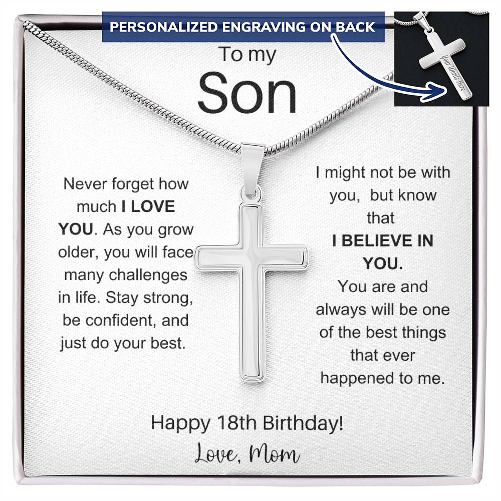 To My Son Happy 18th Birthday - Personalized Stainless Steel Cross Necklace