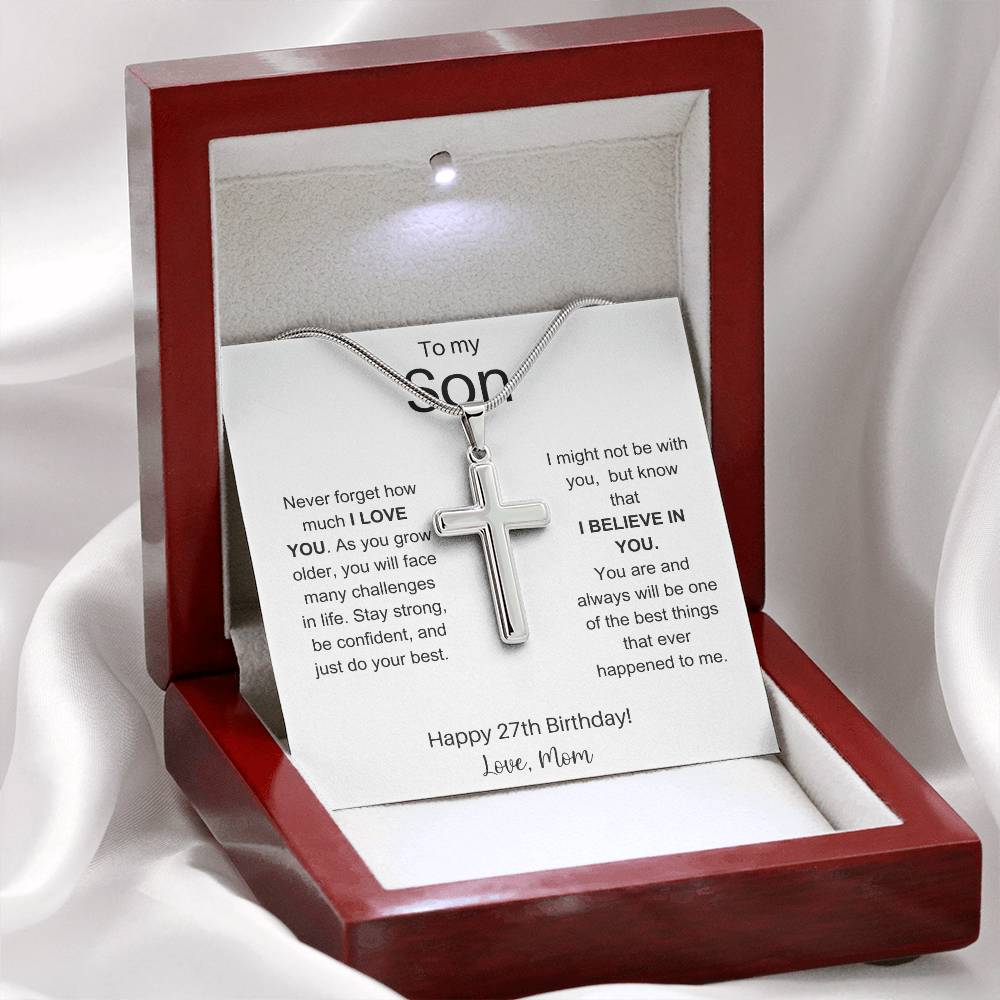 To My Son Happy 27th Birthday - Personalized Stainless Steel Cross Necklace