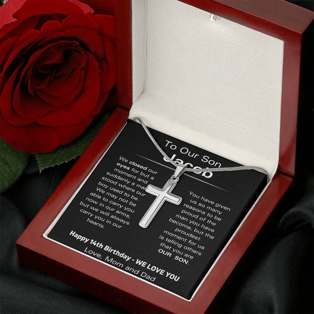 To Our Son - Happy 14th Birthday - Personalized Stainless Steel Cross Necklace
