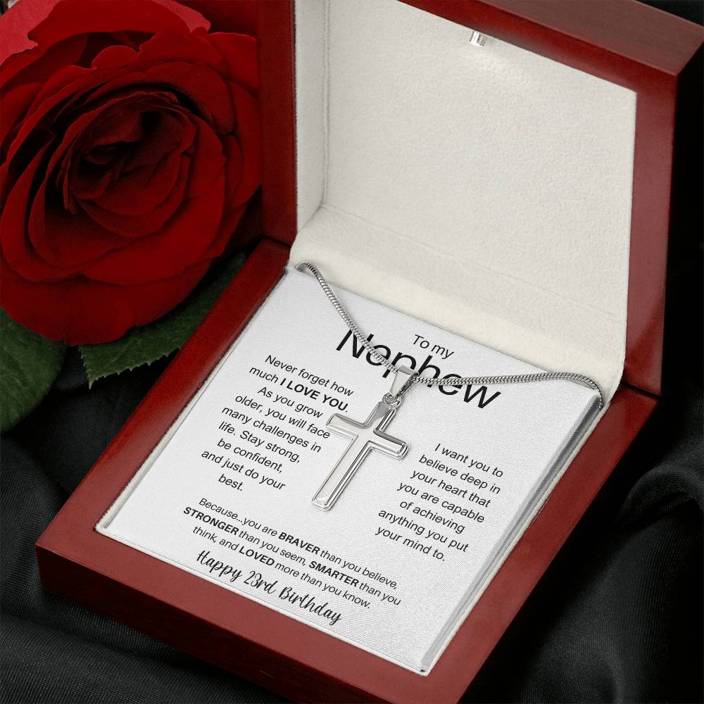 To My Nephew Happy 23rd Birthday - Personalized Stainless Steel Cross Necklace