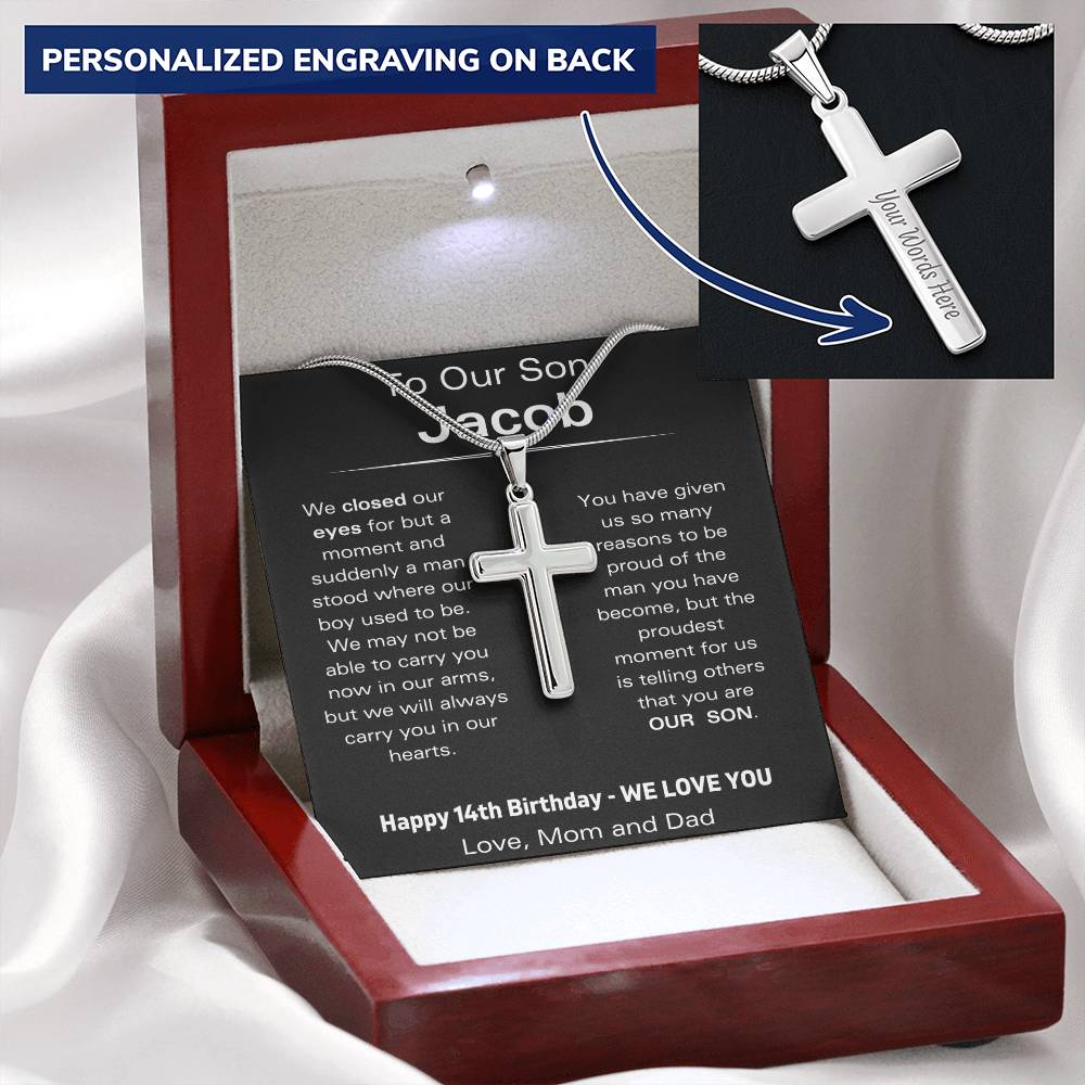 To Our Son - Happy 14th Birthday - Personalized Stainless Steel Cross Necklace