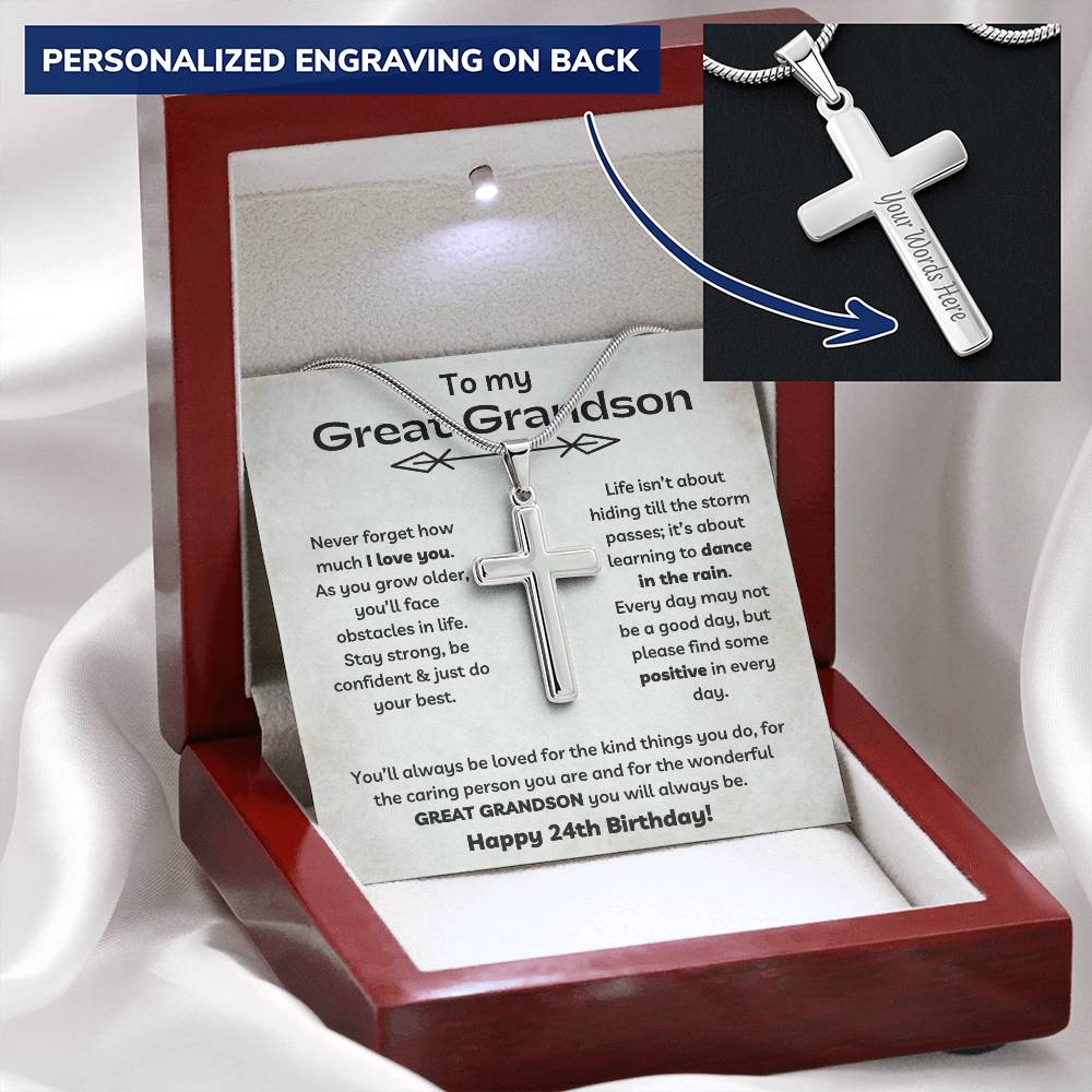 To Our Great Grandson's 24th Birthday - Personalized Stainless Steel Cross
