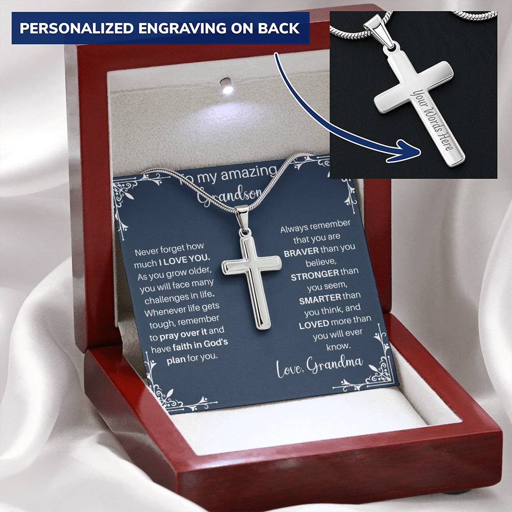 To My Amazing Grandson - I Love You - Personalized Stainless Steel Cross Necklace