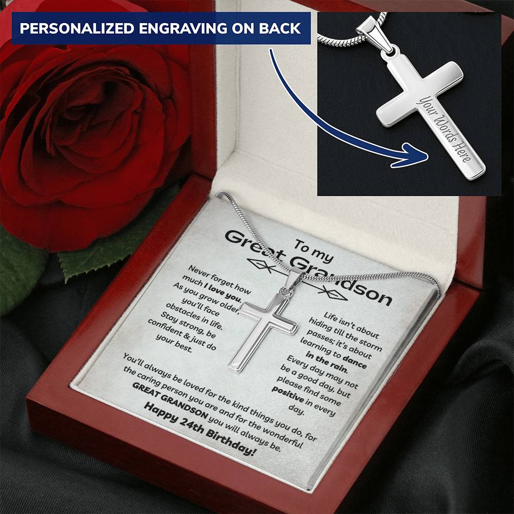 To Our Great Grandson's 24th Birthday - Personalized Stainless Steel Cross
