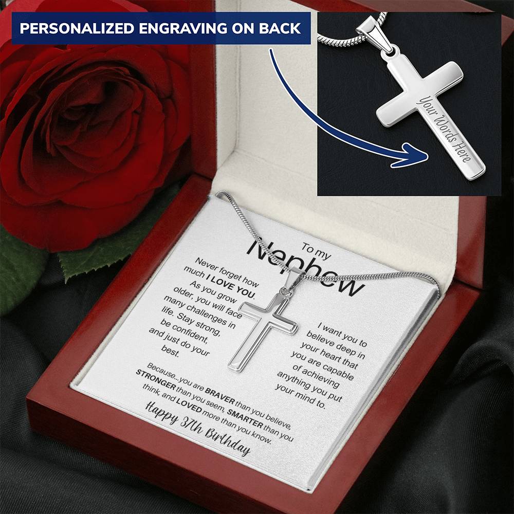 To My Nephew Happy 37th Birthday - Personalized Stainless Steel Cross Necklace