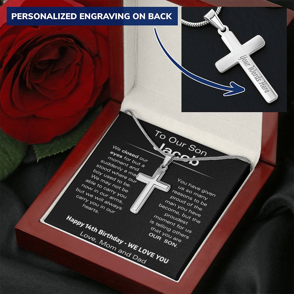 To Our Son - Happy 14th Birthday - Personalized Stainless Steel Cross Necklace