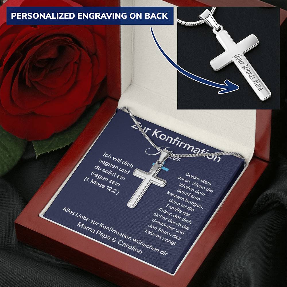 Alles Liebe Zur Konfirmation Wünschen Dir | (1. Mose 12,2) | Personalized Stainless Steel Cross Necklace