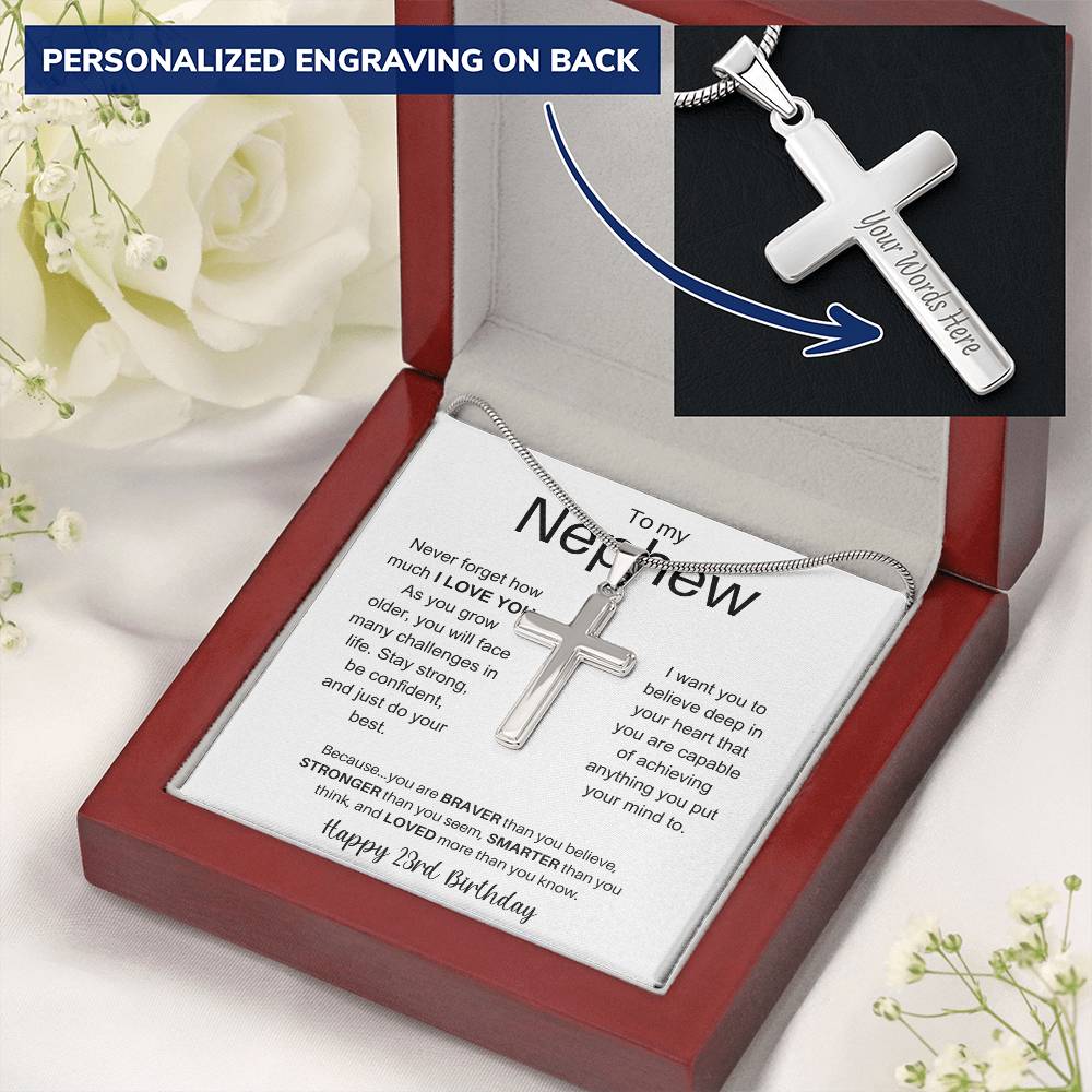 To My Nephew Happy 23rd Birthday - Personalized Stainless Steel Cross Necklace