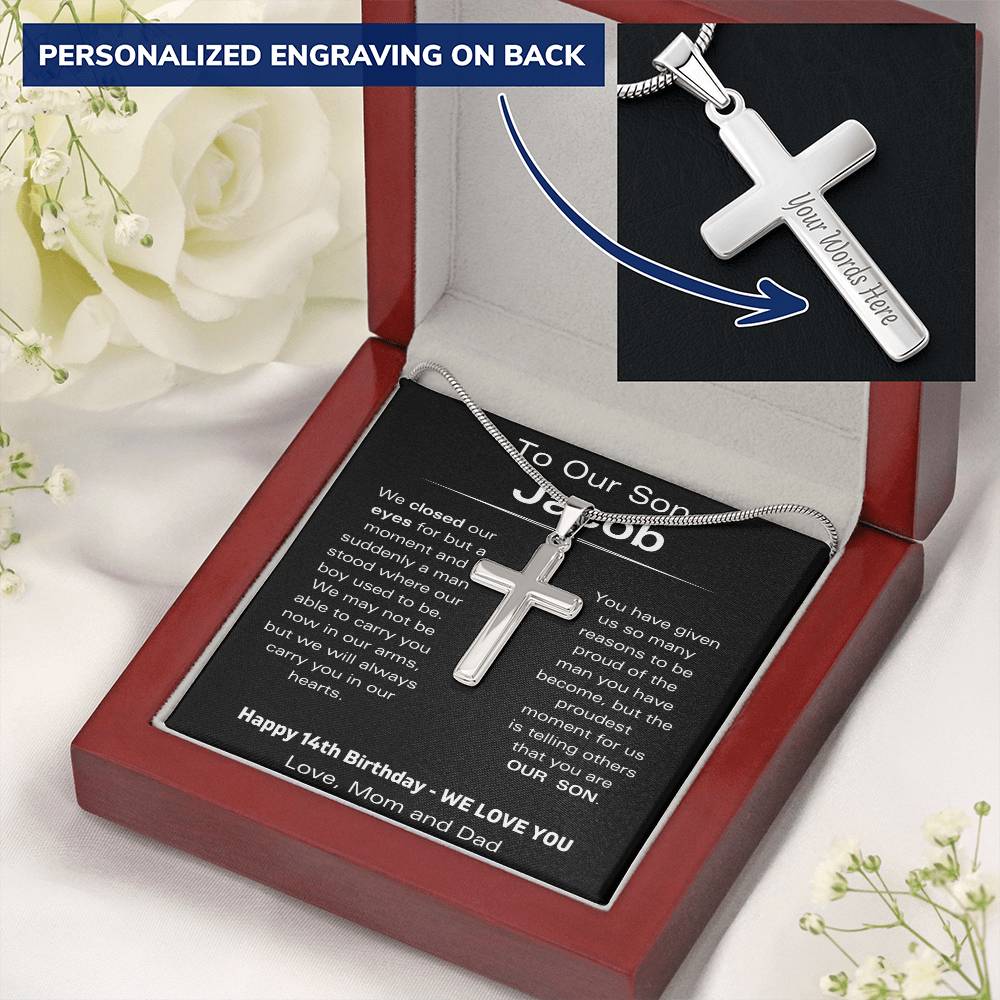 To Our Son - Happy 14th Birthday - Personalized Stainless Steel Cross Necklace
