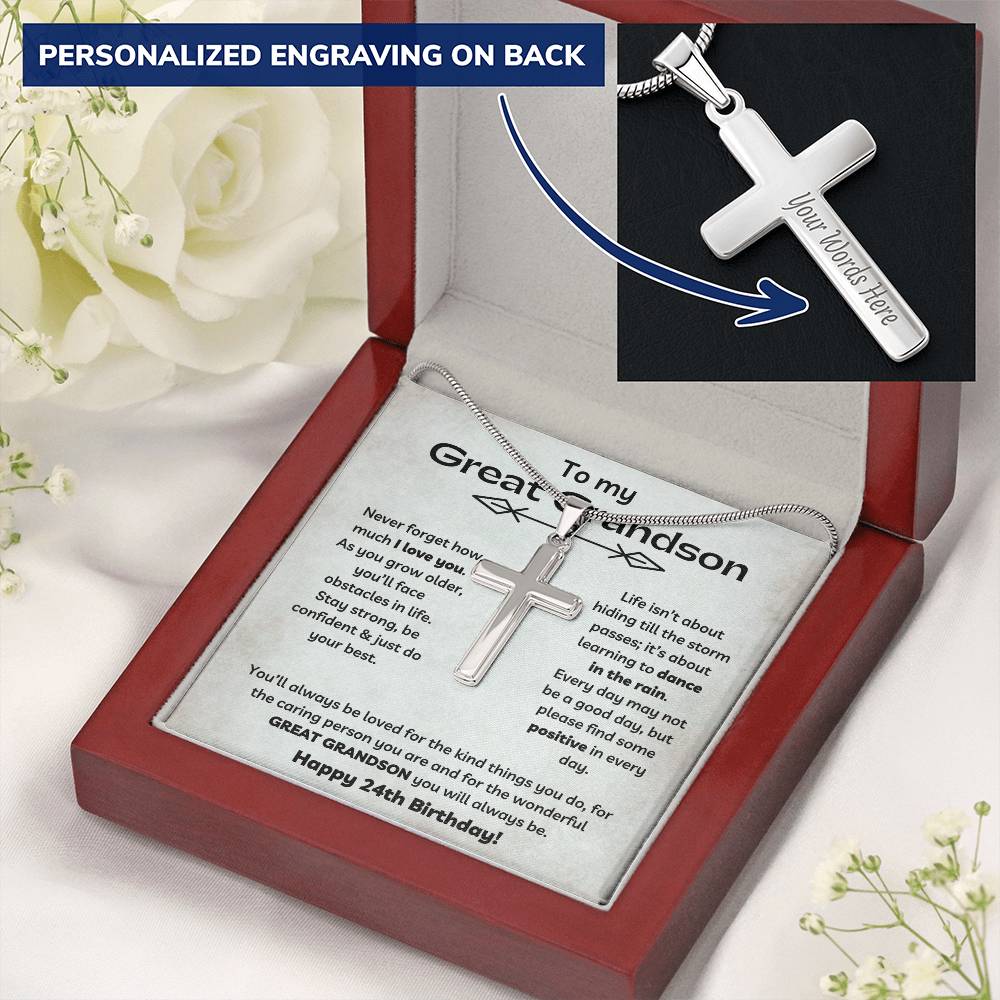 To Our Great Grandson's 24th Birthday - Personalized Stainless Steel Cross