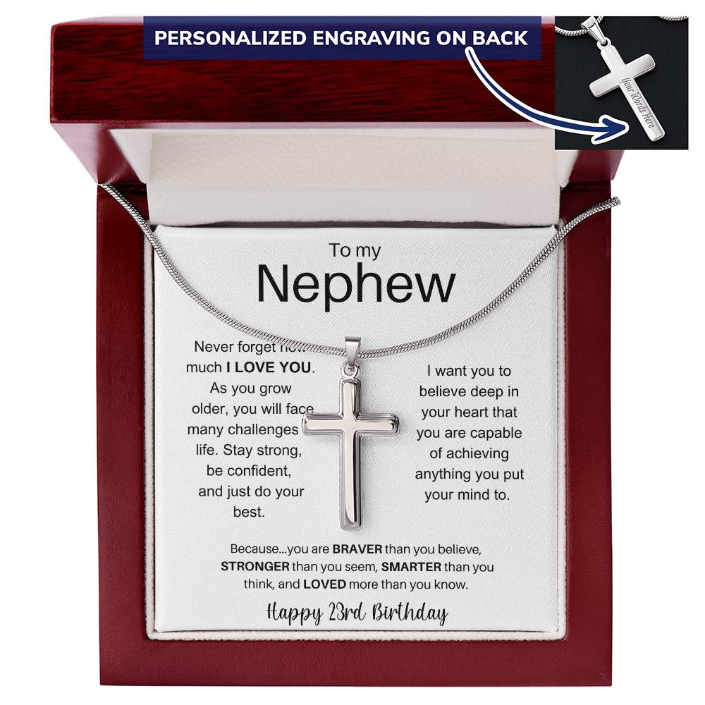 To My Nephew Happy 23rd Birthday - Personalized Stainless Steel Cross Necklace