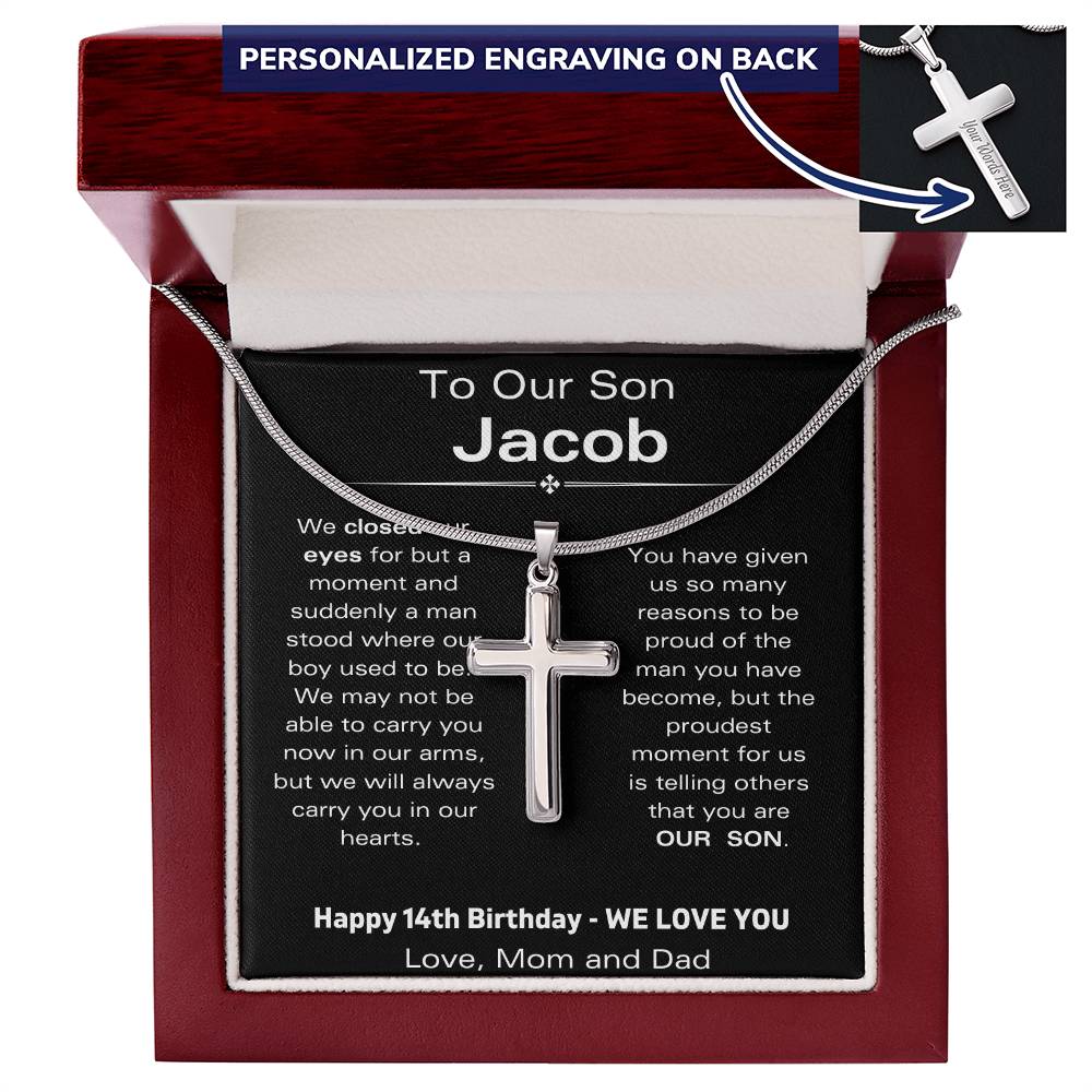 To Our Son - Happy 14th Birthday - Personalized Stainless Steel Cross Necklace