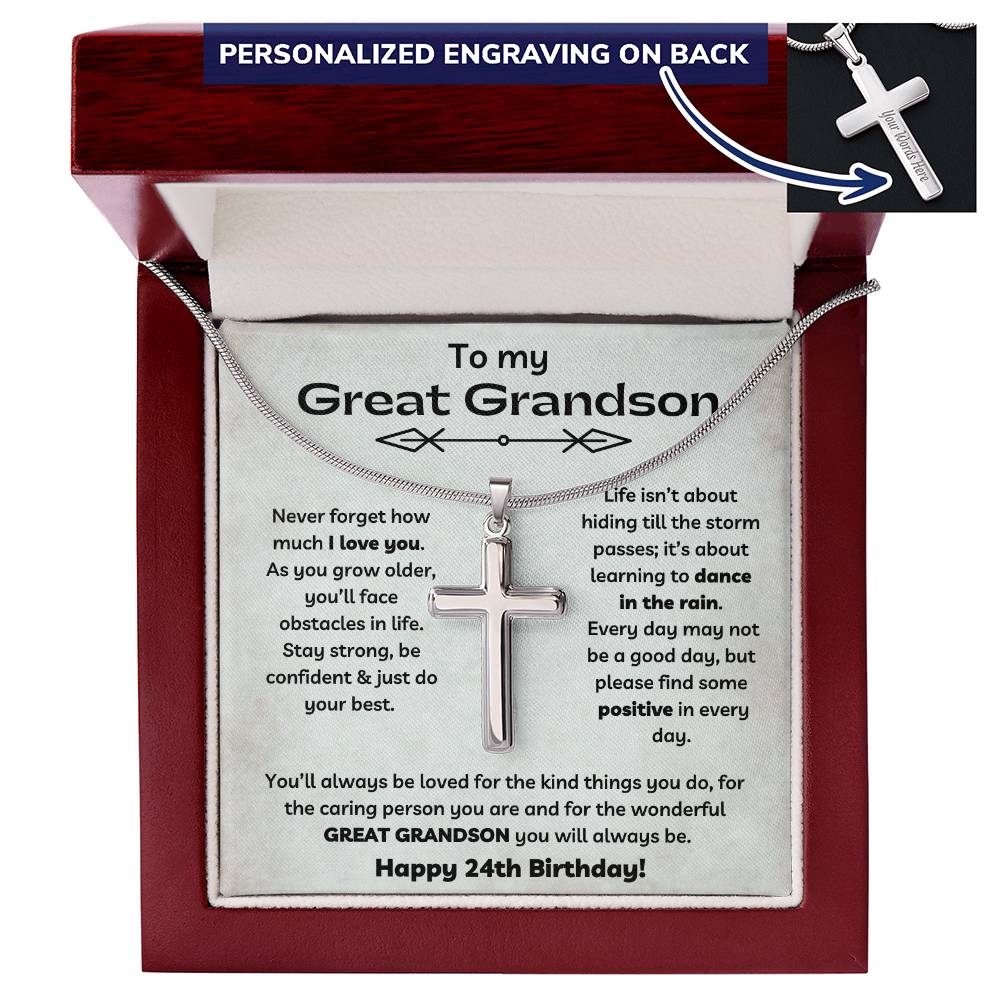 To Our Great Grandson's 24th Birthday - Personalized Stainless Steel Cross