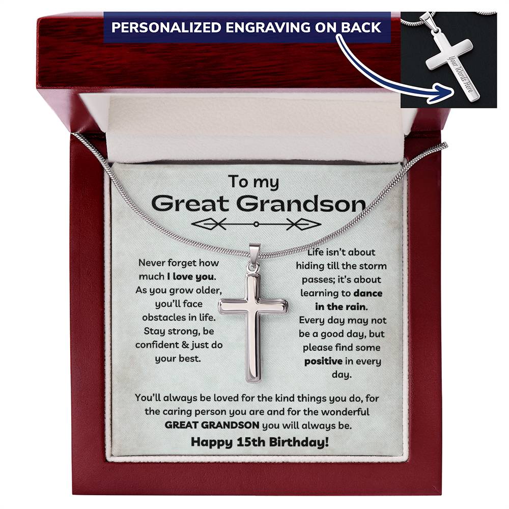 To Our Great Grandson's 15th Birthday - Personalized Stainless Steel Cross