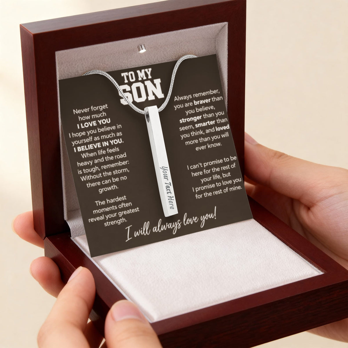 To My Son - I Will Always Love You - 4 Sided Engraved Bar Necklace