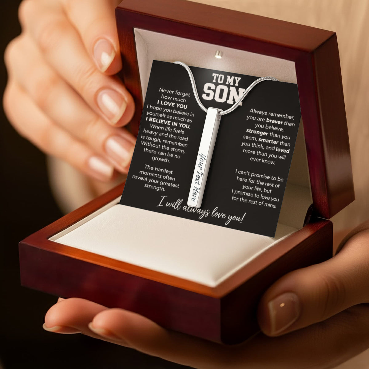 To My Son - I Will Always Love You - 4 Sided Engraved Bar Necklace